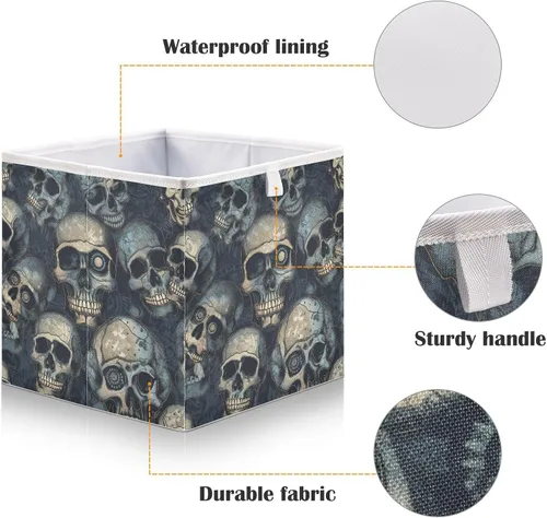 Miniatura 4 de Vnurnrn Cubo de almacenamiento plegable de tela con estampado de calaveras góticas, cubos de almacenamiento con tablero de soporte, canasta plegable