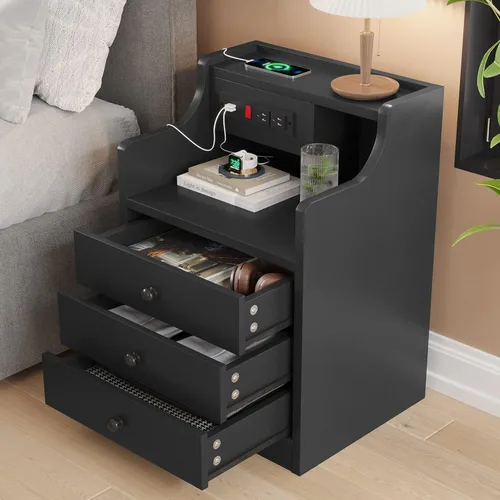 Miniatura 4 de ADORNEVE - Mesita de noche con estación de carga, mesita negra para dormitorio, mesa auxiliar con aparador y cajones de almacenamiento