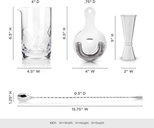 Miniatura 4 de Viski Kit de barman mixology de acero inoxidable, incluye vaso mezclador, colador Hawthorne, doble jigger y cuchara para bebidas revueltas y plateado