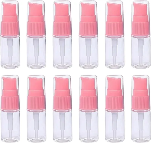 Botella de bomba de loción de plástico transparente recargable portátil de 0.3 fl oz 0.34 oz con cabezal de bomba de prensa rosa, maquillaje