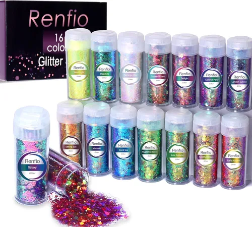 Renfio Chameleon Purpurina Gruesa con Brillo, Juego de Purpurina de Resina de 16 Colores que Cambian de Color, Cada uno 10g/0.35oz, Copos de