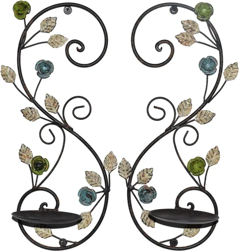 Miniatura 2 de Juego de 2 candelabros de pared, diseño de ramas de hojas multicolor antiguas, soporte de pared de metal para colgar velas para sala de estar