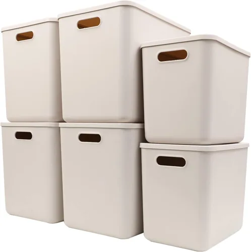 Miniatura 9 de Yishyfier Cestas de Almacenamiento de Plástico con Tapa Contenedor Organizador Contenedores Organizadores de Tejido de Punto con Tapa para Estantes
