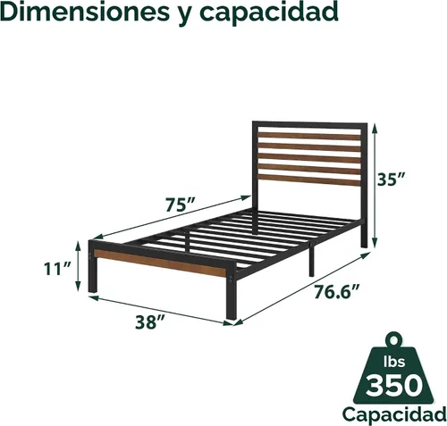 Miniatura 2 de Zinus Kai - Base de cama de bambú y metal con cabecero, no necesita somier, fácil montaje, individual, color marrón