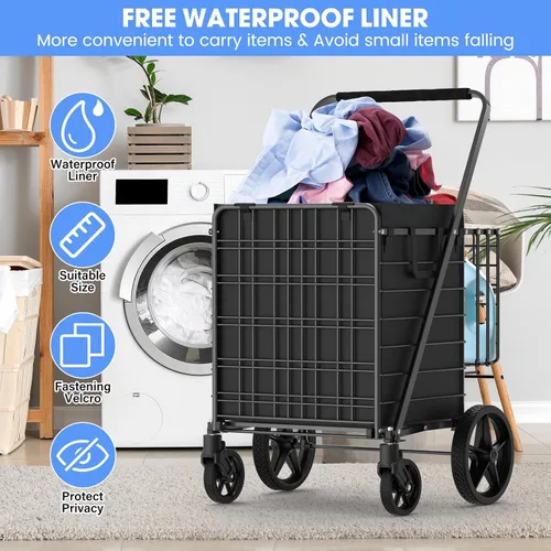 Miniatura 4 de Carrito de compras de capacidad de 450 libras, carrito de comestibles enorme con ruedas, carrito de compras plegable resistente con cesta doble