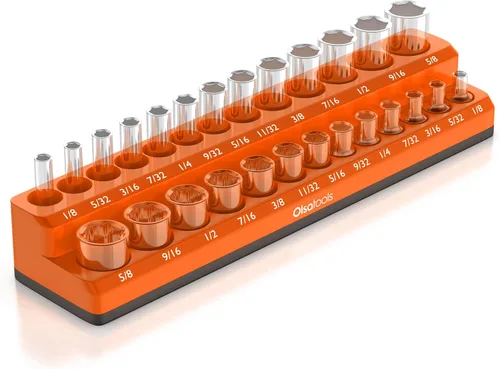 Miniatura 14 de Olsa Tools Portadados magnético, para dados métricos con cuadros de mando de 1/2 pulgada, color rojo, caben 19 dados, organizador de herramientas