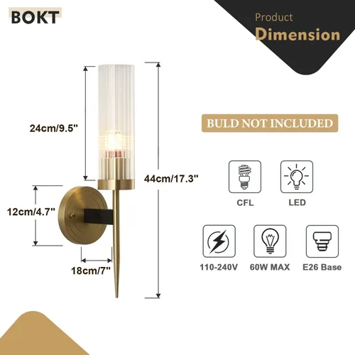 Miniatura 2 de BOKT Lámpara de pared dorada moderna de mediados de siglo, aplique de pared de vidrio cilíndrico, aplique de pared largo de latón cepillado anti