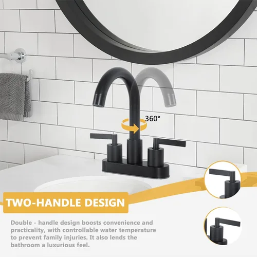 Miniatura 4 de KINGO HOME Grifo de lavabo de baño negro mate, grifo de baño en cascada de 2 o 3 agujeros, grifos centrales de 4 pulgadas, 2 manijas de tocador