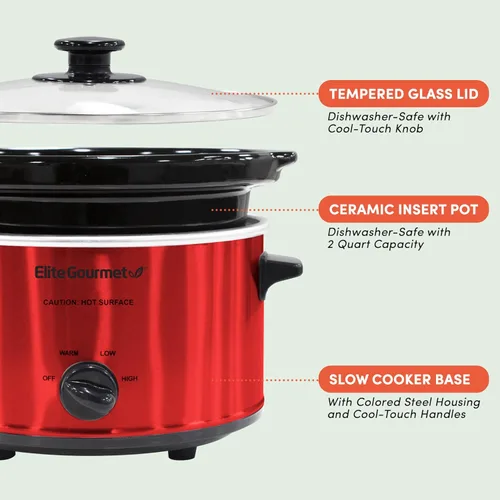 Miniatura 2 de Elite Gourmet MST-275XR# - Olla eléctrica de cocción lenta ovalada, temperatura ajustable, para preparar entradas, salsas y guisos, con tapa de Rojo