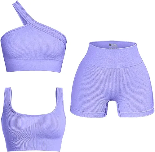 OQQ Conjunto activo de 3 piezas para mujer, acanalado, sin costuras, cuello redondo, brasier deportivo de un hombro, pantalones cortos de cintura