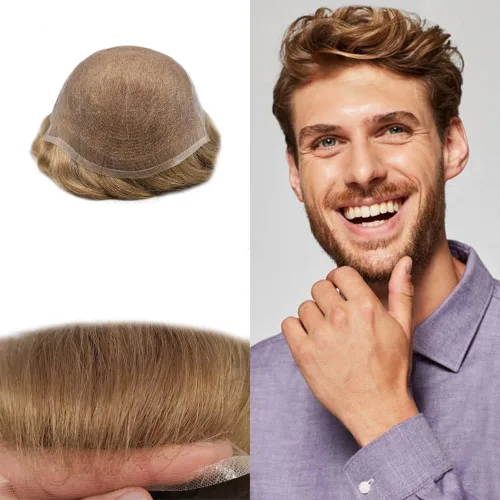 Miniatura 54 de Toupee para hombres, sistema de reemplazo de cabello humano Remy, nudos blanqueados, encaje frontal, piel fina, para hombre, color gris, pelucas