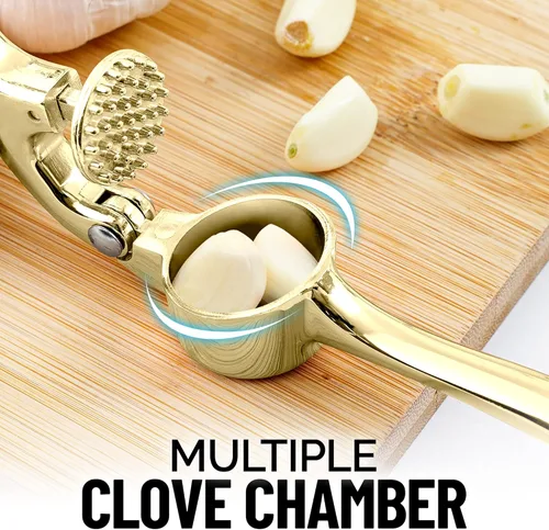 Miniatura 5 de Zulay Kitchen - Prensa de ajo prémium con mango suave y fácil de apretar, con pelador de ajo de silicona y cepillo de limpieza, de 3 piezas, Oro