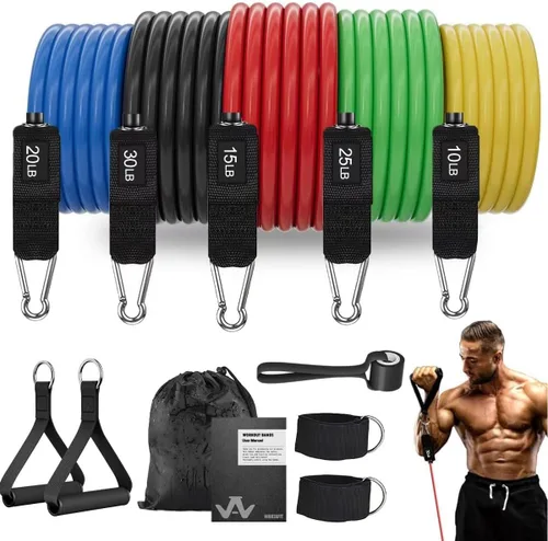 Miniatura 10 de WHATAFIT Juego de bandas de resistencia con asas, bandas de ejercicio para gimnasio en casa, equipo de entrenamiento de fuerza, incluye anclaje