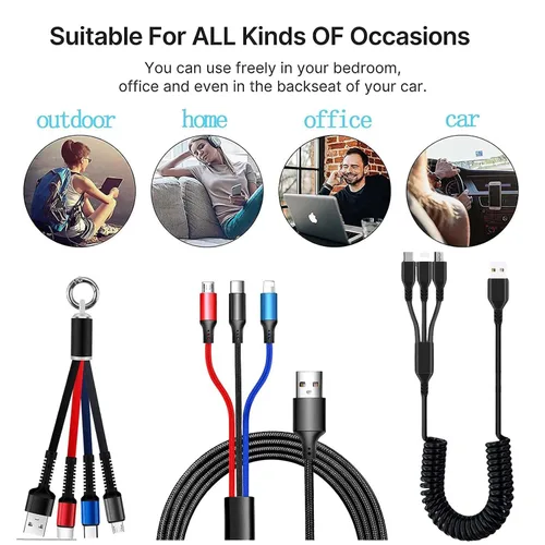 Miniatura 6 de Juego de cables de carga USB multifunción, paquete de 3 cables trenzados de nailon 3 en 1, múltiples cables de carga rápida para el hogar, oficina