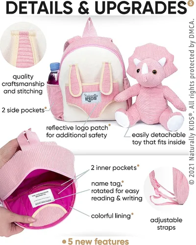 Miniatura 4 de Naturally KIDS Mochila para niños y niñas con animales de peluche, regalos para niños de 3, 4, 5, 6, 7 años, 04 Small Pink Triceratops, Viajar