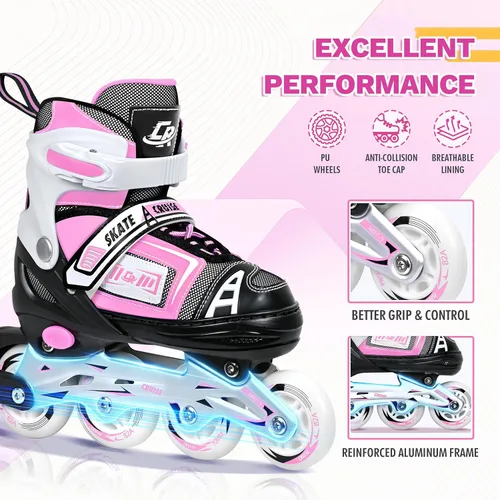 Miniatura 4 de Patines en línea ajustables para niños, adolescentes y adultos - Rodamientos ABEC-7, ruedas de poliuretano, ajuste cómodo, para patinaje en Rosado