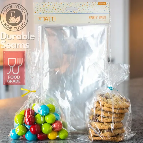 Miniatura 4 de TATTI Paquete de 100 bolsas de celofán transparentes para regalos, bolsas transparentes para fiestas de cumpleaños, bolsas transparentes de 6 x 10