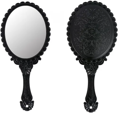 AKOAK Espejo de maquillaje de mano vintage, exquisito mango decorativo en relieve, espejo de viaje portátil para niñas y mujeres (ovalado, negro)