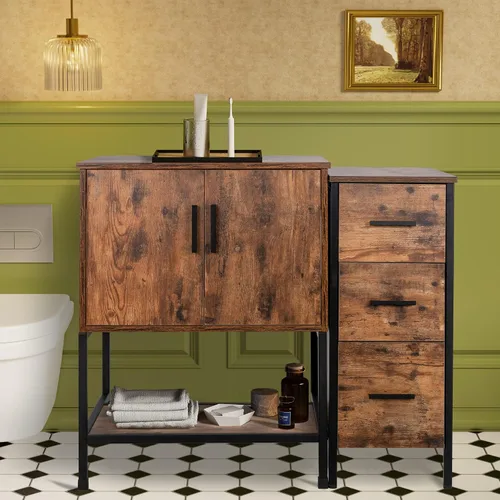 Miniatura 53 de UEV Juego de tocador de baño rústico marrón de 36 pulgadas con fregadero, marco de hierro industrial con 3 cajones laterales, fregadero de cerámica