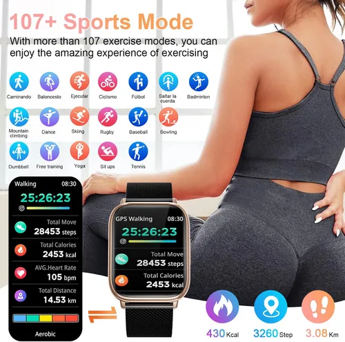 Miniatura 6 de Relojes inteligentes para mujer, contestar/hacer llamadas, reloj de seguimiento de actividad física de 1.83 pulgadas con monitor de frecuencia Negro