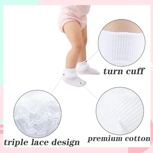 Miniatura 4 de Calcetines para bebé niña con ojales, calcetines de encaje triple con volantes, calcetines con puño retorcido, 2/3/5 pares, calcetines de tobillo