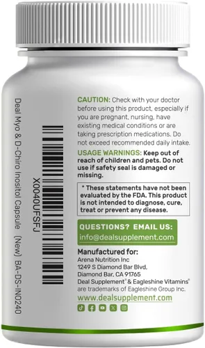 Miniatura 6 de Suplemento de Myo-Inositol y D-Chiro Inositol para Mujeres (40:1) 2,050 mg por Porción 240 Cápsulas Vegetarianas con Folato, Vitamina D3