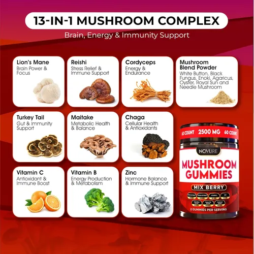 Miniatura 3 de Gomitas de hongos de 2500 mg, mezcla 10 en 1 con melena de león, cordyceps, cola de pavo, reishi, shiitake, chaga, maitake, zinc, vitamina C y B