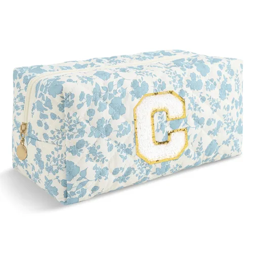 Miniatura 391 de Pequeña bolsa de maquillaje personalizada con inicial A-Z Preppy Patch, bolsa de cosméticos de viaje de felpilla blanca con cremallera, bonita bolsa