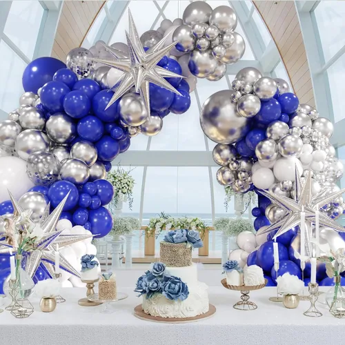 Miniatura 7 de FOTIOMRG Kit de arco de guirnalda de globos azul real y plateado de 131 piezas, globos azul real blanco plateado de confeti para decoraciones