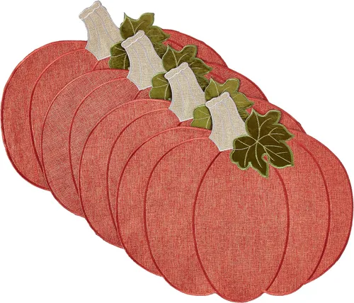 Miniatura 7 de Violet Linen Juego de 4 manteles individuales decorativos con diseño de calabaza de otoño de cosecha de Acción de Gracias, apliques bordados