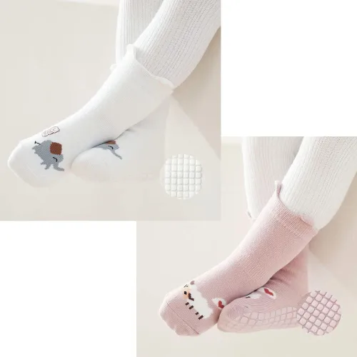 Miniatura 6 de Exegawe Calcetines antideslizantes para niños pequeños, bonitos calcetines de bebé con puños de cuello redondo, 5 pares