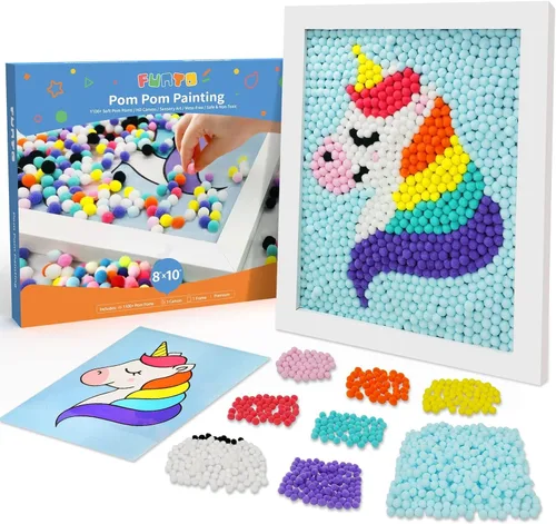 Kit de Arte de Pintura de Pompones de Unicornio Funto, Más de 1100 Pompones, Lienzo y Marco Resistente para Decoración del Hogar, Manualidades