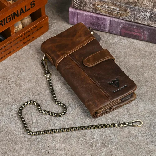 Miniatura 84 de Genuino Caballo Loco Cuero Regalo de Viaje Moneda Bolsillo Tarjetero Organizador Largo Cadena Rfid Cartera Monedero Con Broche Para Hombres Hombres