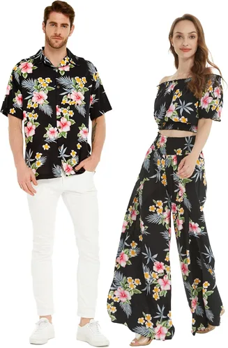Camisa hawaiana Luau para parejas a juego o pantalones de pierna ancha en hibisco negro