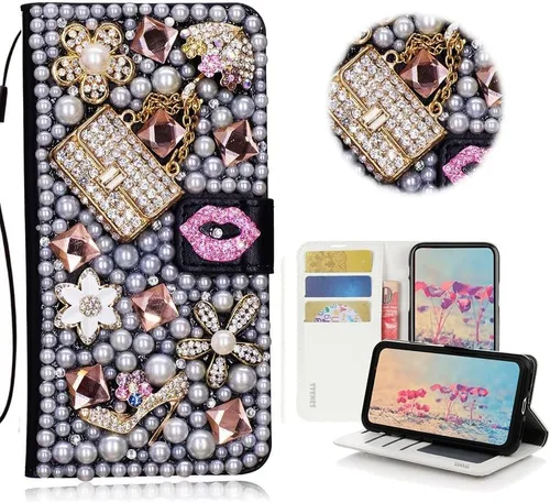 Miniatura 5 de Bling Wallet - Funda de piel compatible con iPhone 11, elegante, hecha a mano en 3D, diseño de mariposa, rosas, flores y diamantes de imitación