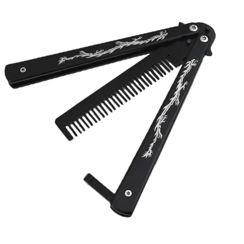 cuchillo mariposa de acero inoxidable con tótem de dragón, entrenador con peine (negro)