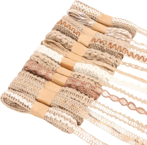 KIMOBER 12 rollos de cintas de yute para manualidades, cinta de encaje de arpillera natural, 24 yardas, rústico, bohemio, vintage, surtido para