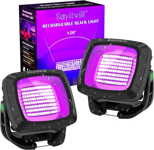 Paquete de 2 luces negras recargables, luz negra alimentada por batería de 6000mAh, luz de inundación ultravioleta inalámbrica portátil de 395 nm