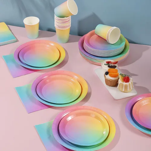 Miniatura 7 de Decoraciones de cumpleaños arcoíris para niñas, platos y servilletas arcoíris pastel, 200 unidades, platos y servilletas de cumpleaños para niñas