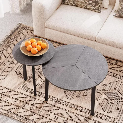 Miniatura 18 de COSIEST - Juego de mesa auxiliar redonda moderna y mesa auxiliar, tapa de madera con aspecto de mármol falso, patas de nogal y crema blanca, mesa