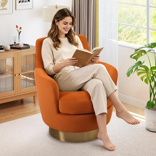 Miniatura 11 de Silla giratoria de 30 pulgadas, moderna y acogedora silla giratoria de barril de 360°, silla redonda de terciopelo, silla de lectura copetuda