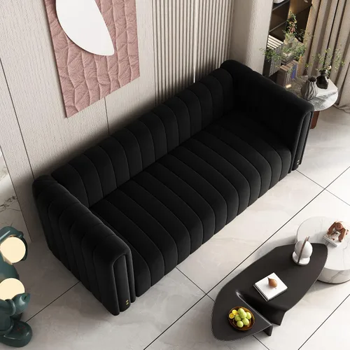 Miniatura 8 de Sofá capitonado Chesterfield de terciopelo tapizado de 81 pulgadas de ancho, 3 plazas, cómodo sofá para sala de estar, dormitorio, oficina, Negro