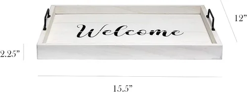 Miniatura 3 de Elegant Designs HG2000-WWC 15.50" x 12" Bandeja de madera decorativa para servir con asas, lavado blanco Bienvenido White Wash "Bienvenido