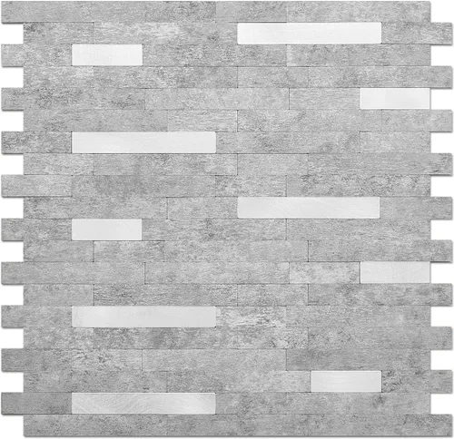 Miniatura 12 de DICOFUN - Azulejo adhesivo de loseta en muro para la cocina, piedra faxu gris claro, PVC con metal mixto, 1 lámina