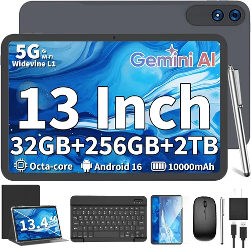 Tablet Android 16 de 13 pulgadas 2026 con teclado, 32 GB+256 GB+2 TB expandir, tabletas PC con Gemini AI, Octa-Core, 10000mAh, pantalla de 120 Hz