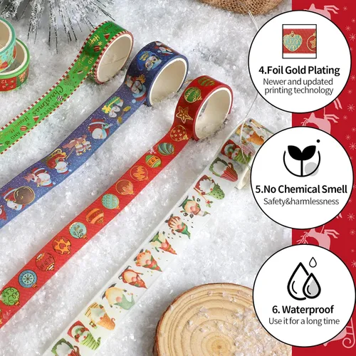 Miniatura 3 de 16 rollos de cinta adhesiva Washi de Navidad, cinta de enmascarar festiva, 4 tamaños, rojo y verde, cinta de envolver navideña, cinta decorativa