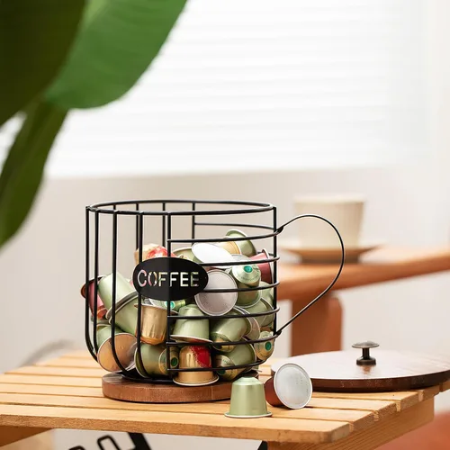 Miniatura 5 de Soporte rústico para cápsulas de café – Alambre negro de gran capacidad para almacenamiento de tazas K con tapa de madera – Decoración redonda
