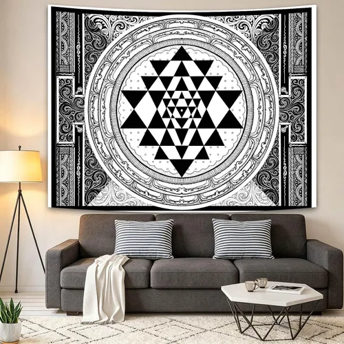 Miniatura 6 de SHRAPHY Tapiz Sri Yantra de 60 x 40 pulgadas, tapiz de meditación sentado, geometría sagrada, tapiz de arte blanco y negro para colgar en la pared