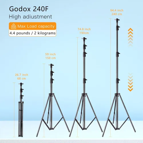 Miniatura 2 de Godox Soporte de luz de fotografía de aluminio para iluminación de estudio fotográfico, cajas de luz, paraguas, fondos - 240 cm, 94 pulgadas