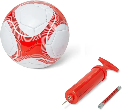 Amazon Basics Durable PVC Soccer Ball with Pump for Training and Practice, Indoor Outdoor Use, White and Red